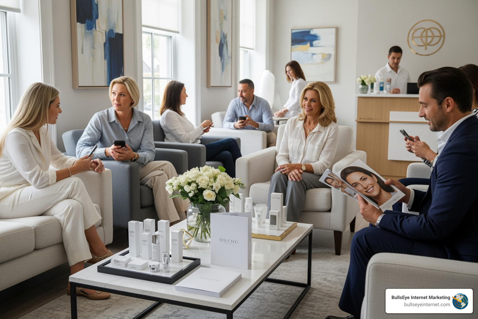Group of diverse individuals in a modern cosmetic dermatology waiting room, engaging with skincare products and discussing treatment options, emphasizing patient interaction and aesthetic services.