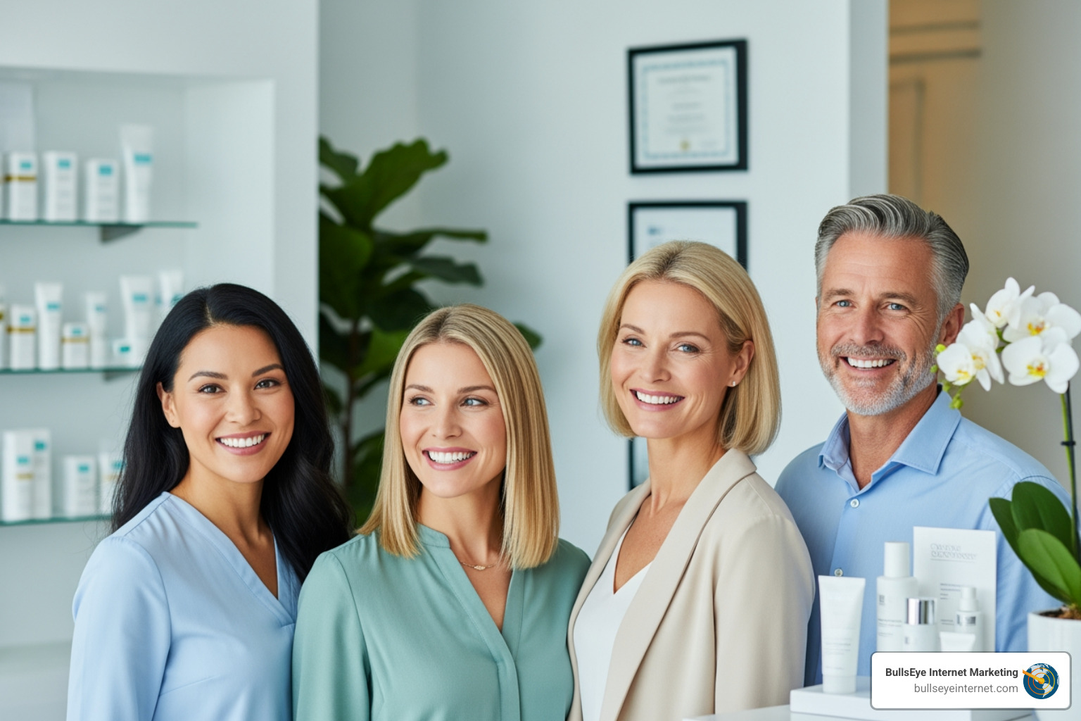 Four smiling individuals, including two women in professional attire and a man, standing in a cosmetic dermatology clinic with skincare products displayed in the background, emphasizing authenticity and patient engagement in marketing strategies.