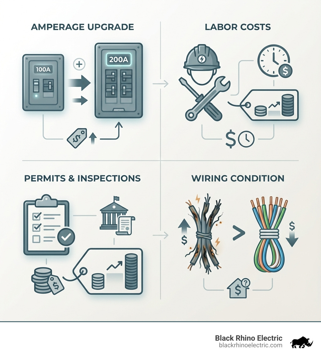 main breaker panel replacement cost breakdown with four sections: Amperage Upgrade showing 100-amp vs 200-amp panels, Labor Costs with electrician icon and hourly rate range, Permits and Inspections with clipboard icon and fee range, and Wiring Condition showing old corroded wires vs new wiring with associated cost differences - main breaker panel replacement infographic 