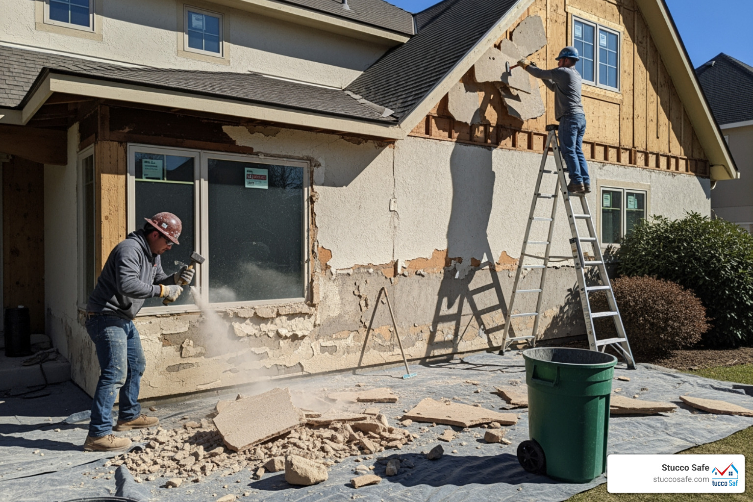 contractors removing old damaged stucco from a house - stucco replacement cost contractors removing old damaged stucco from a house - stucco replacement cost