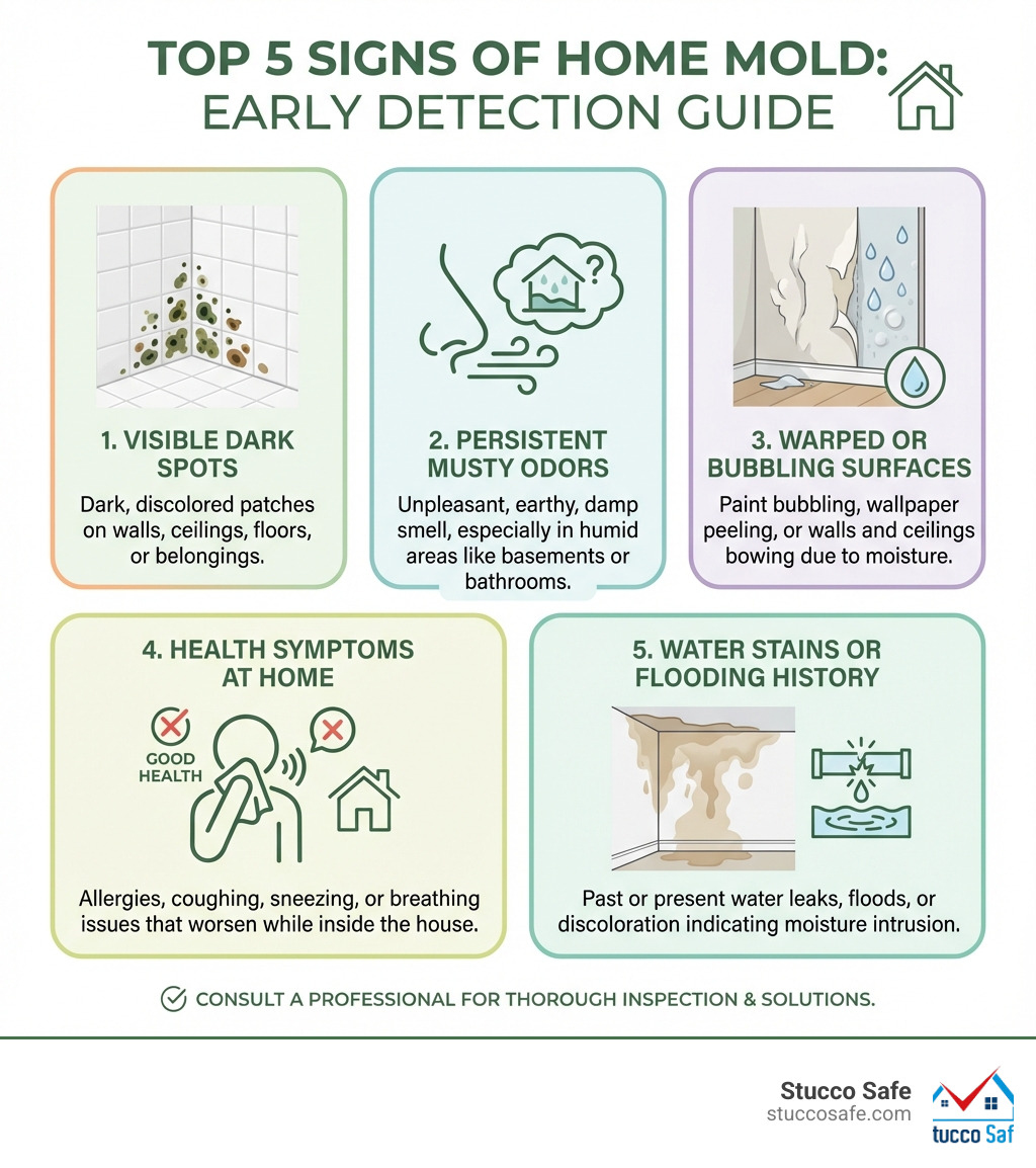 infographic showing the top 5 signs of mold: visible dark spots on surfaces, persistent musty odors especially in damp areas, warped or bubbling walls and ceilings, health symptoms like allergies and coughing that worsen at home, and water stains or past flooding history - detect mold in your house infographic infographic showing the top 5 signs of mold: visible dark spots on surfaces, persistent musty odors especially in damp areas, warped or bubbling walls and ceilings, health symptoms like allergies and coughing that worsen at home, and water stains or past flooding history - detect mold in your house infographic