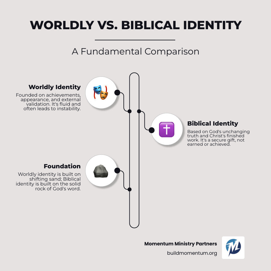 Infographic showing two paths: on the left, Worldly Identity built on achievements, appearance, and approval with a crumbling foundation; on the right, Biblical Identity built on Christ with verses showing you are loved, chosen, redeemed, and a new creation, standing on a solid rock foundation - biblical identity infographic infographic-line-3-steps-elegant_beige Infographic showing two paths: on the left, Worldly Identity built on achievements, appearance, and approval with a crumbling foundation; on the right, Biblical Identity built on Christ with verses showing you are loved, chosen, redeemed, and a new creation, standing on a solid rock foundation - biblical identity infographic infographic-line-3-steps-elegant_beige