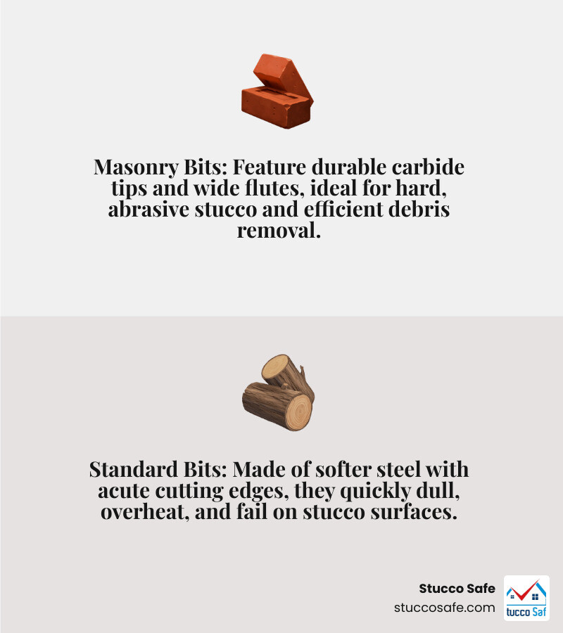 Infographic comparing masonry drill bit anatomy to standard wood bit, showing carbide tip, wide flutes for debris removal, and reinforced shank versus regular steel construction and standard cutting edges - what drill bit to use for stucco infographic 2_facts_emoji_grey Infographic comparing masonry drill bit anatomy to standard wood bit, showing carbide tip, wide flutes for debris removal, and reinforced shank versus regular steel construction and standard cutting edges - what drill bit to use for stucco infographic 2_facts_emoji_grey