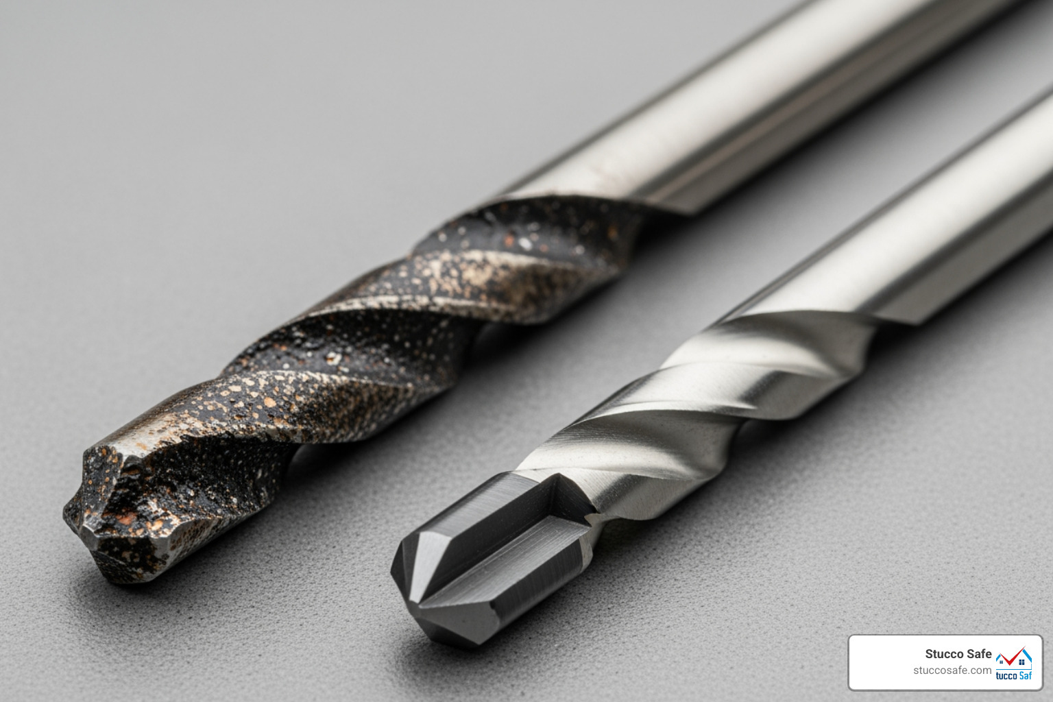 damaged standard drill bit next to a pristine masonry bit - what drill bit to use for stucco damaged standard drill bit next to a pristine masonry bit - what drill bit to use for stucco