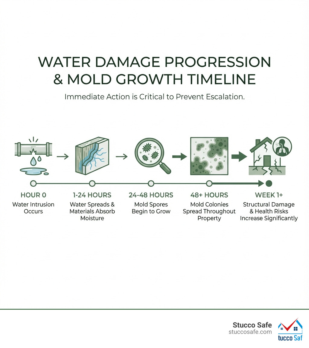 Timeline infographic showing water damage progression: Hour 0 - Water intrusion occurs, 1-24 Hours - Water spreads and materials absorb moisture, 24-48 Hours - Mold spores begin to grow, 48+ Hours - Mold colonies spread throughout property, Week 1+ - Structural damage and health risks increase significantly - mold and water damage inspection infographic Timeline infographic showing water damage progression: Hour 0 - Water intrusion occurs, 1-24 Hours - Water spreads and materials absorb moisture, 24-48 Hours - Mold spores begin to grow, 48+ Hours - Mold colonies spread throughout property, Week 1+ - Structural damage and health risks increase significantly - mold and water damage inspection infographic