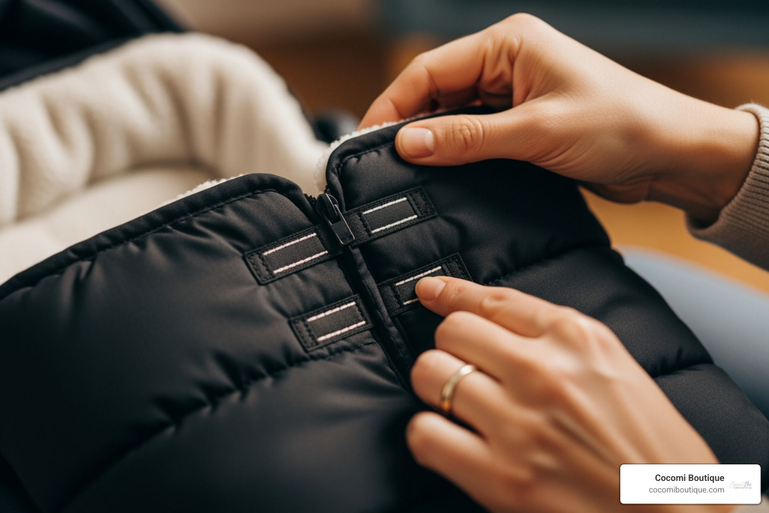 parent examining harness slots on footmuff - Universal stroller footmuff