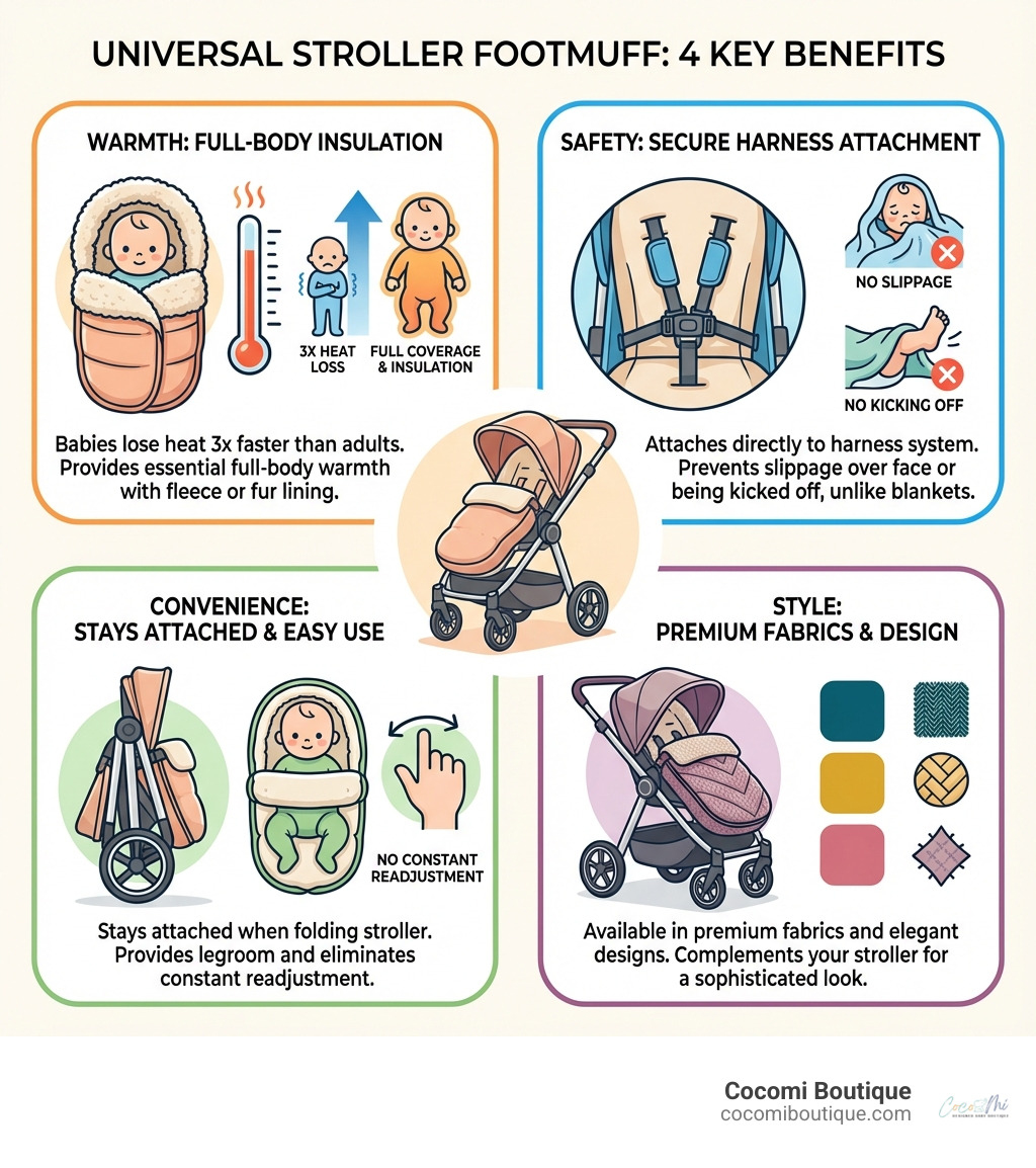 Infographic showing four key benefits of universal stroller footmuffs: 1) Warmth - babies lose heat 3x faster than adults, footmuffs provide full-body insulation with fleece or fur lining, 2) Safety - attaches directly to harness system preventing slippage over face or kicking off unlike blankets, 3) Convenience - stays attached when folding stroller and provides legroom while eliminating constant readjustment, 4) Style - available in premium fabrics and elegant designs that complement your stroller - Universal stroller footmuff infographic 