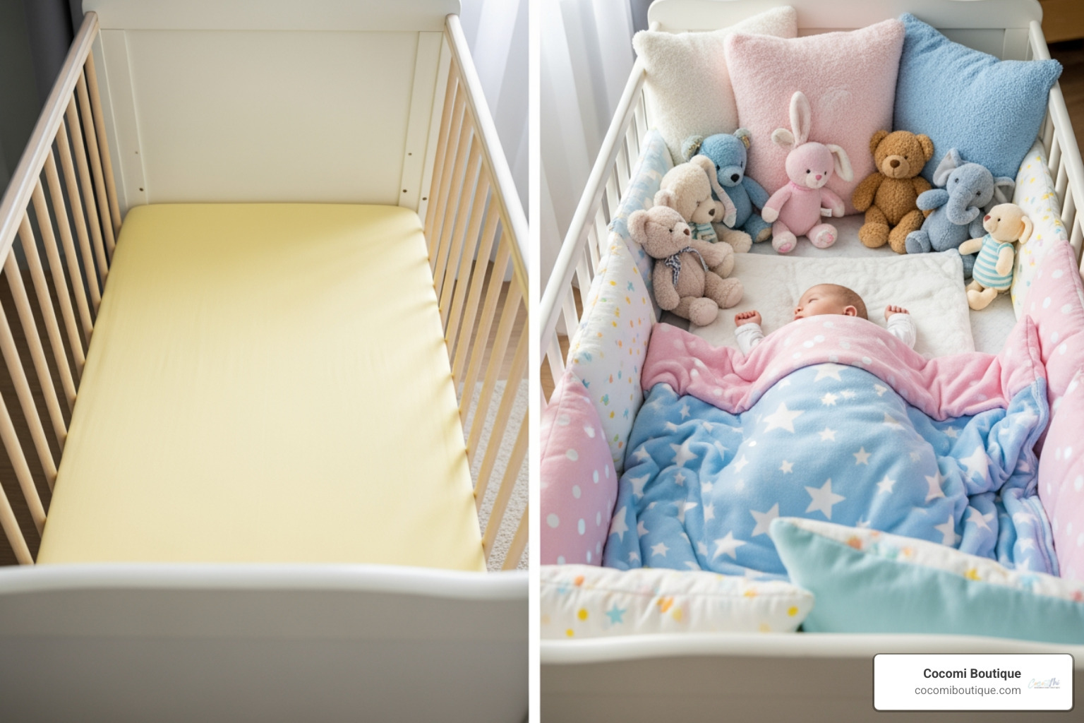 safe and unsafe crib setups side by side, highlighting the dangers of soft bedding and toys - Best infant sleep