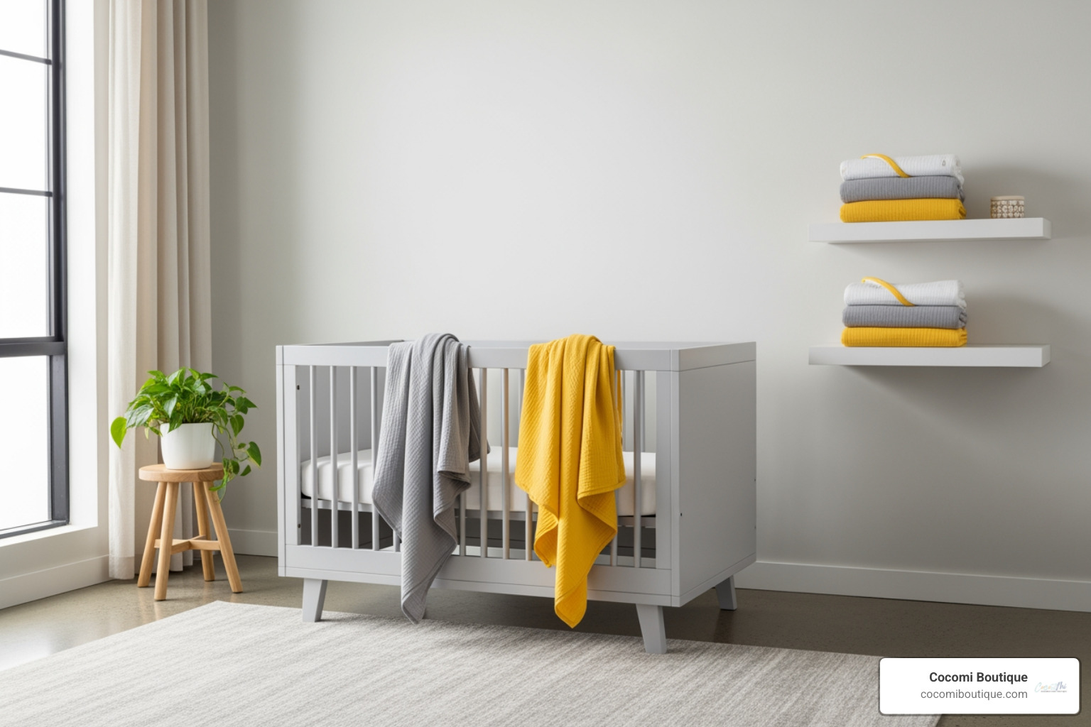 modern nursery with grey and yellow muslin swaddles - Blue muslin swaddle
