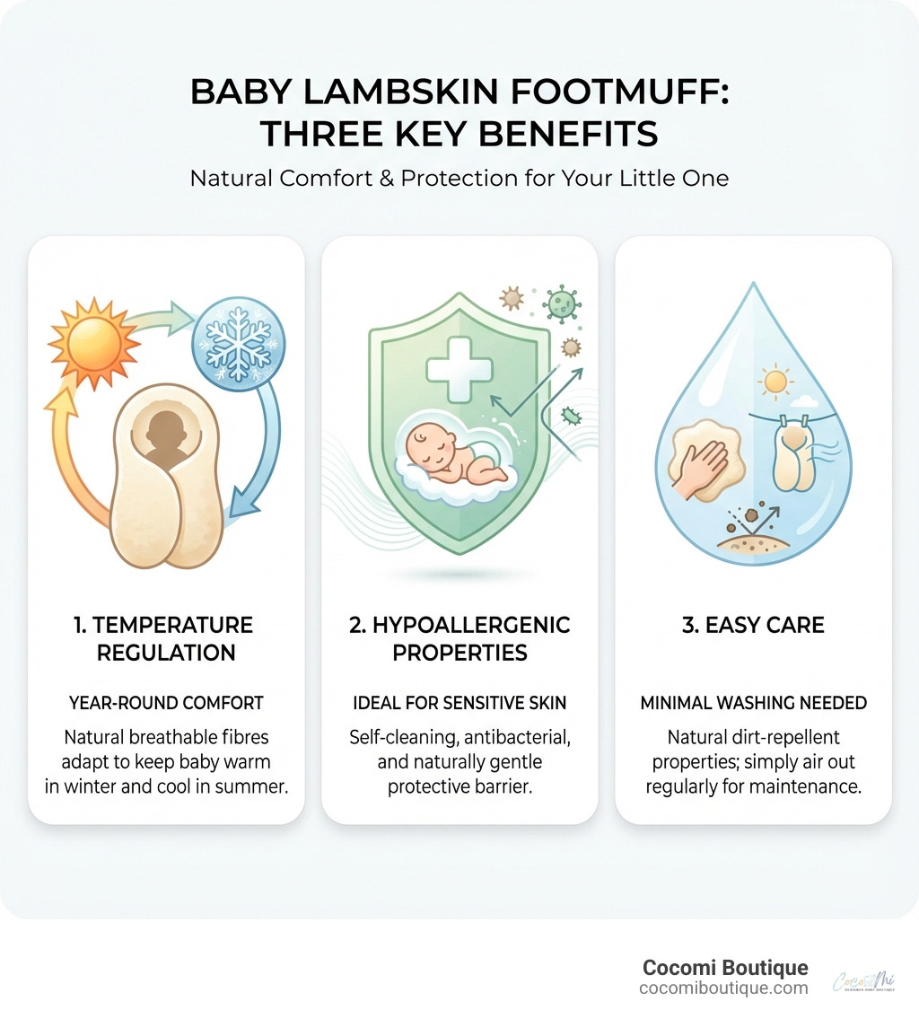 Infographic showing three key benefits of baby lambskin footmuffs: 1. Temperature Regulation with icons of sun and snowflake showing year-round comfort through natural breathable fibres, 2. Hypoallergenic Properties with shield icon showing self-cleaning and antibacterial qualities ideal for sensitive skin, 3. Easy Care with water droplet icon showing minimal washing needed and natural dirt-repellent properties - baby lambskin footmuff infographic 