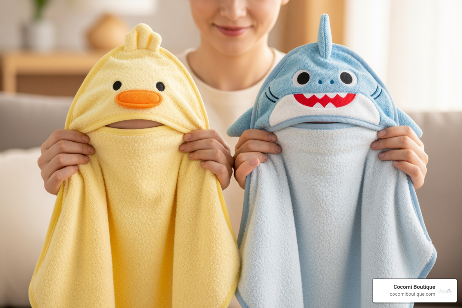 parent comparing two different Cocomi Boutique baby towels - infant bath towel hooded