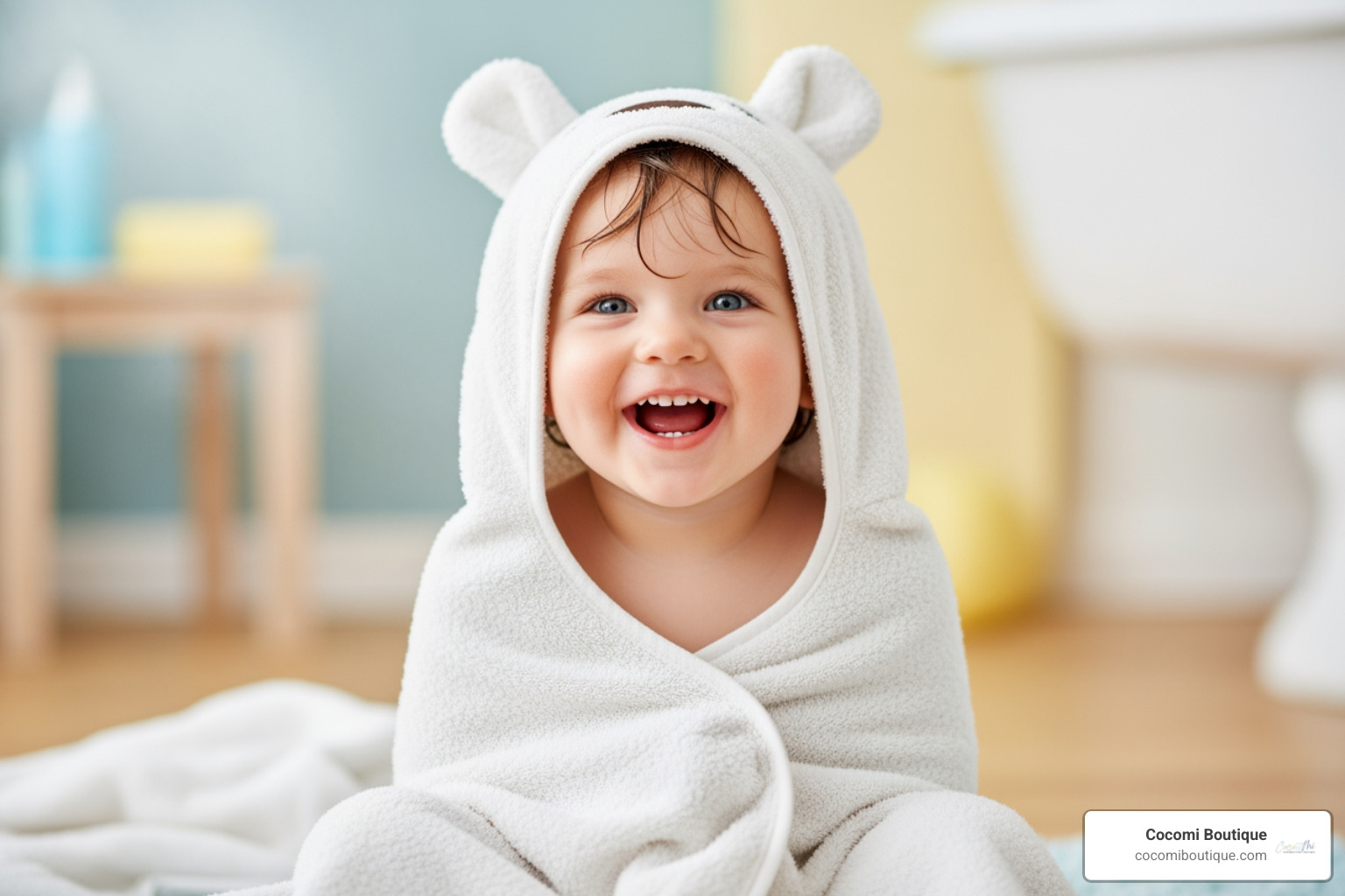 toddler happily wrapped in a large Cocomi Boutique hooded towel - infant bath towel hooded