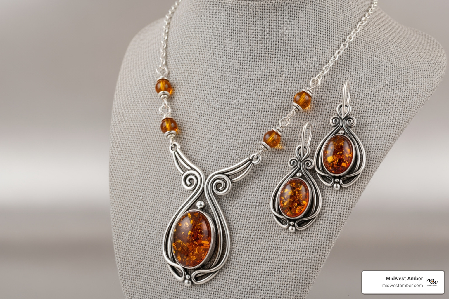 classic sterling silver amber set on a display bust - amber earrings and necklace set