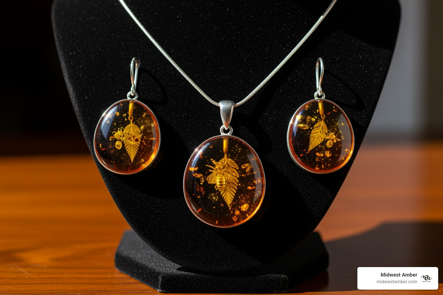 nature-inspired amber set with a bee or leaf motif - amber earrings and necklace set