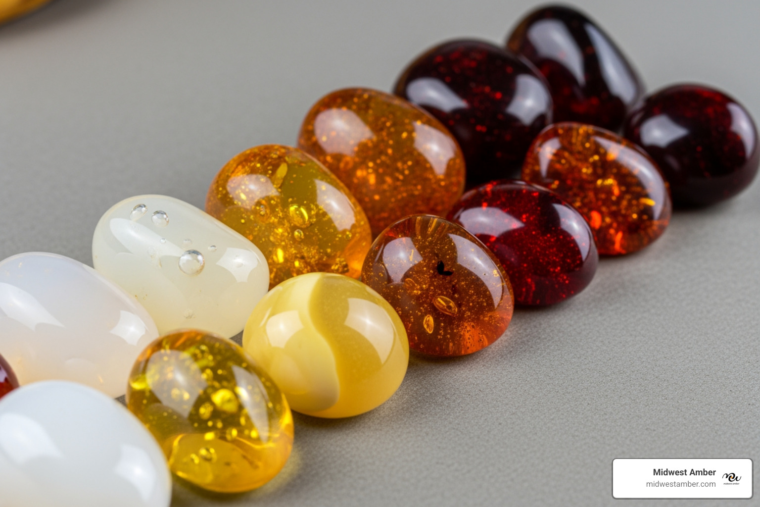 various amber colors side-by-side, from milky white to dark cherry - amber stone for sale