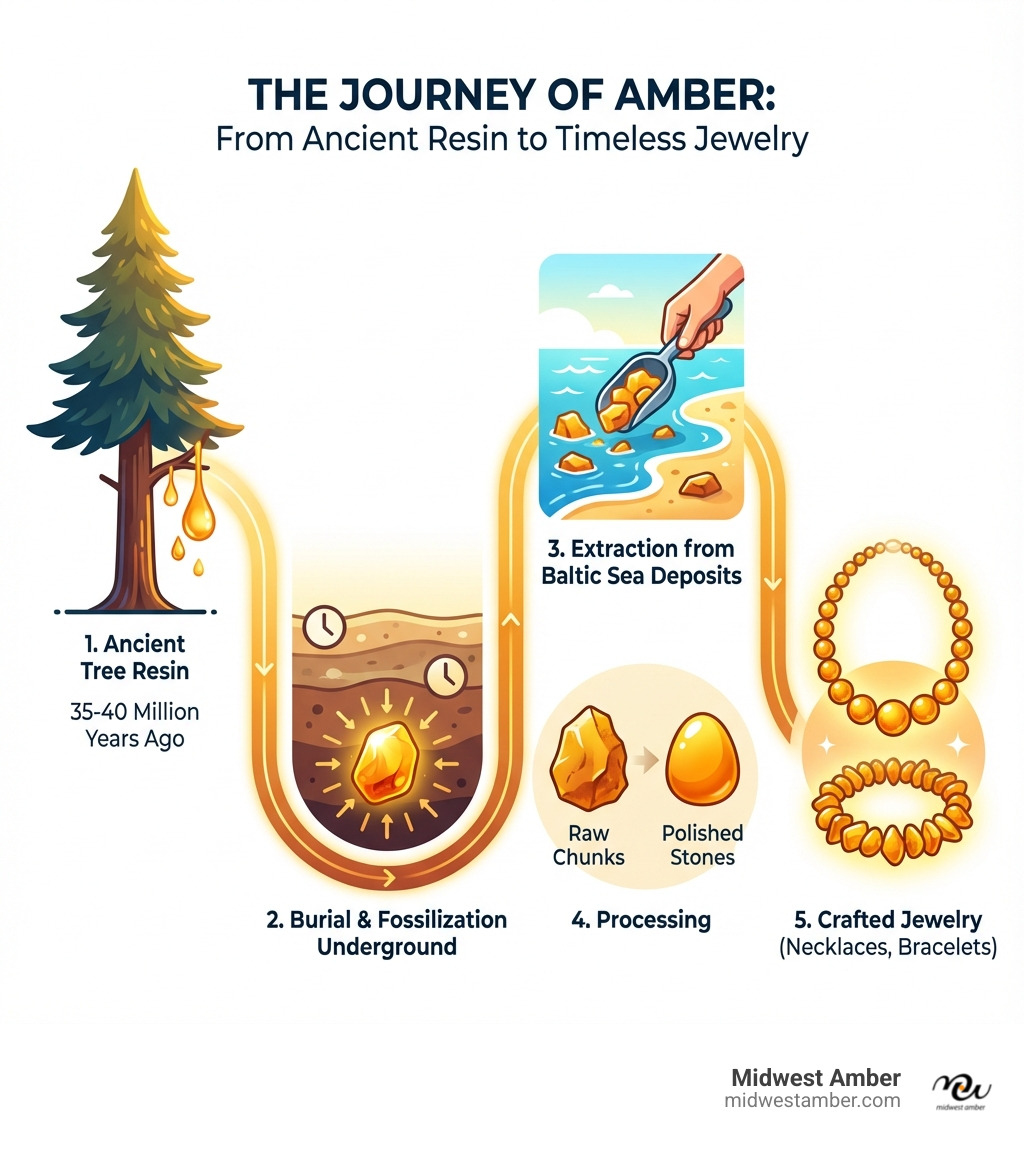 Infographic showing the journey of amber from ancient tree resin secreted 35-40 million years ago, through burial and fossilization underground, to modern extraction from Baltic Sea deposits, processing into raw chunks or polished stones, and finally crafted into jewelry pieces like necklaces and bracelets - amber stone for sale infographic 