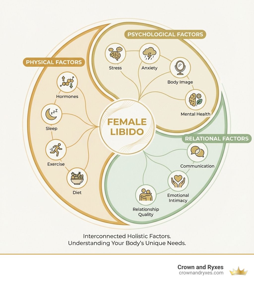 infographic showing the interconnected factors affecting female libido: physical factors (hormones, sleep, exercise, diet), psychological factors (stress, anxiety, body image, mental health), and relational factors (communication, emotional intimacy, relationship quality) - Boost libido naturally infographic 