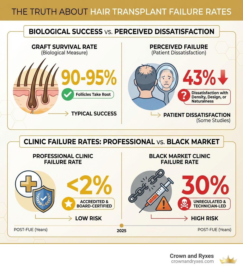 Infographic showing the difference between graft survival rate (biological measure of follicles that take root, typically 90-95%) versus perceived failure (patient dissatisfaction with density, hairline design, or naturalness, which can be as high as 43% in some studies), with visual representation of professional clinic failure rates under 2% compared to black market clinic rates up to 30% - hair transplant failure rate infographic Infographic showing the difference between graft survival rate (biological measure of follicles that take root, typically 90-95%) versus perceived failure (patient dissatisfaction with density, hairline design, or naturalness, which can be as high as 43% in some studies), with visual representation of professional clinic failure rates under 2% compared to black market clinic rates up to 30% - hair transplant failure rate infographic