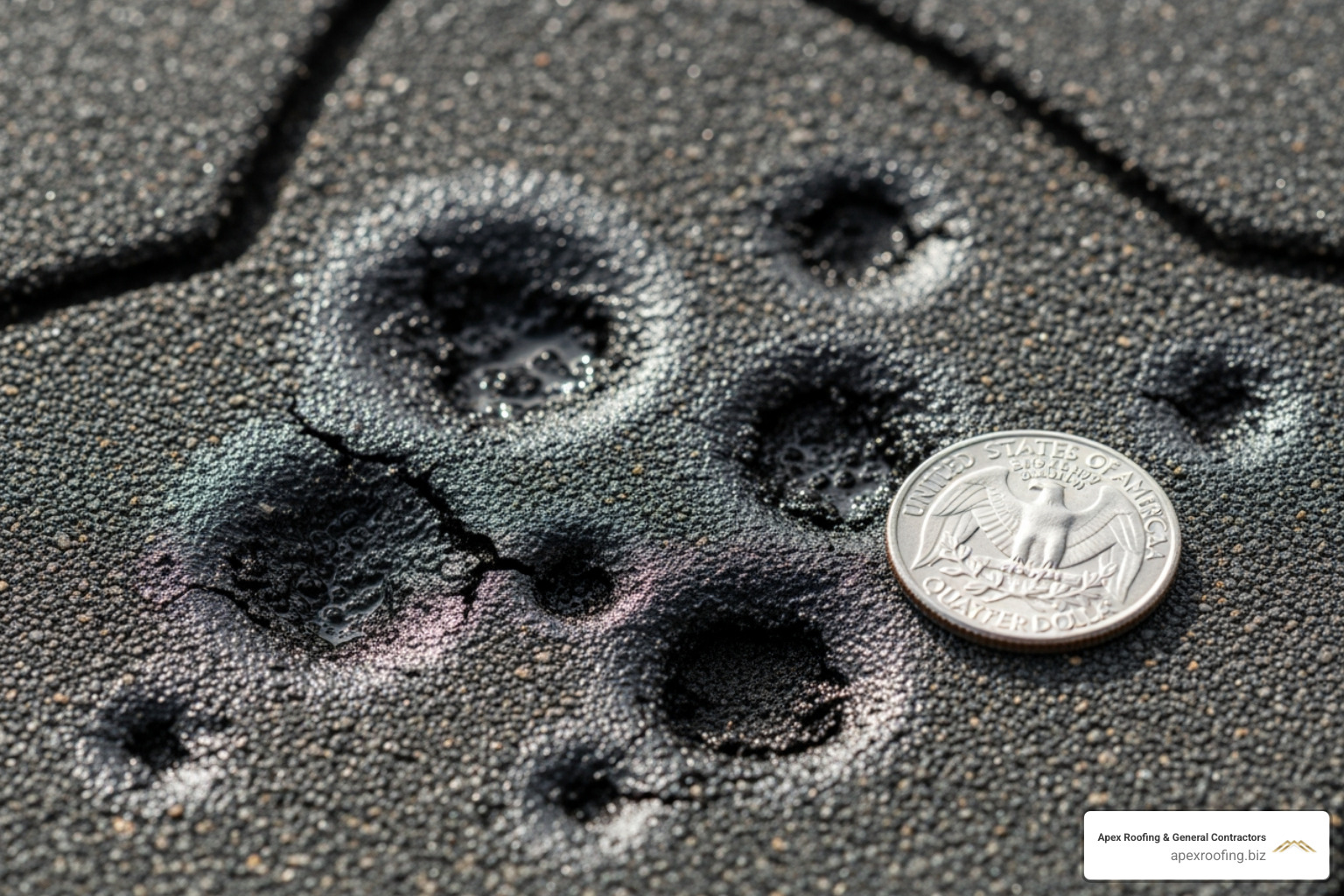 of a close-up on a hail-damaged shingle next to a quarter for scale. - storm damage roof inspection of a close-up on a hail-damaged shingle next to a quarter for scale. - storm damage roof inspection