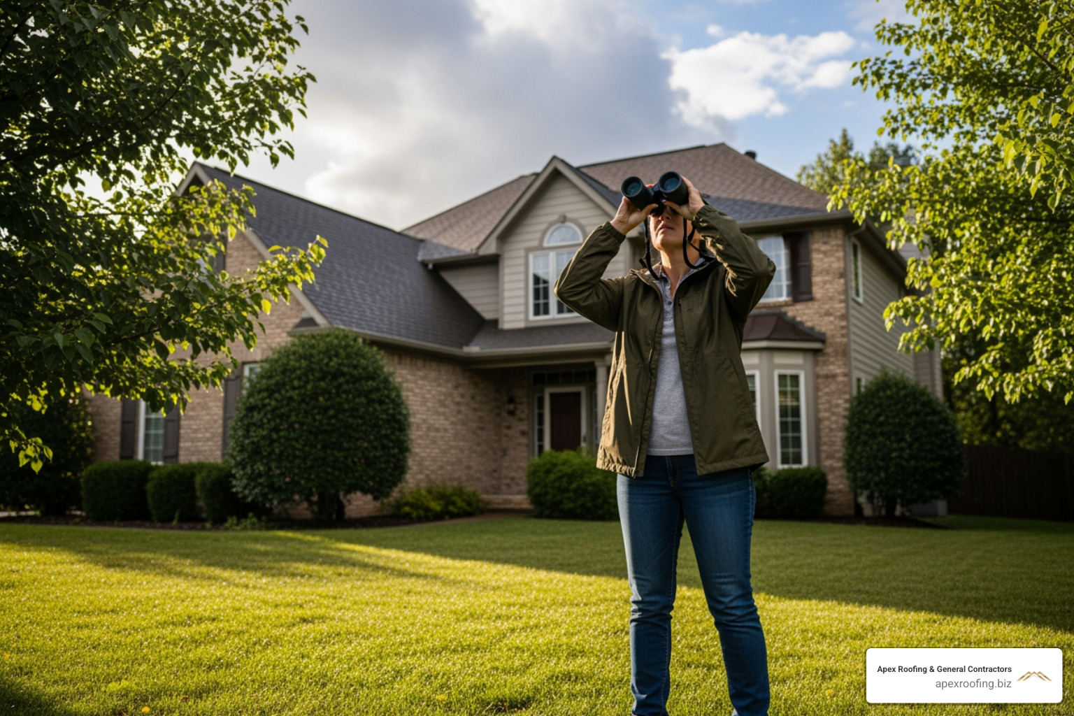 of a homeowner on the ground using binoculars to look at their roof. - storm damage roof inspection of a homeowner on the ground using binoculars to look at their roof. - storm damage roof inspection