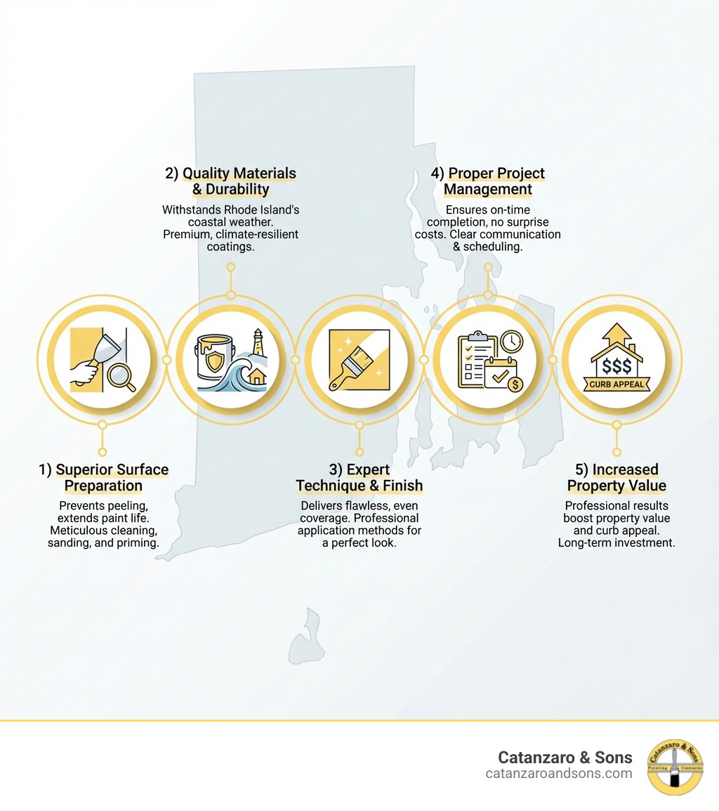 Infographic showing the 5 key benefits of hiring professional painters: 1) Superior surface preparation prevents peeling and extends paint life, 2) Quality materials withstand Rhode Island's coastal weather, 3) Expert technique delivers flawless, even coverage, 4) Proper project management ensures on-time completion with no surprise costs, 5) Professional results increase property value and curb appeal - expert painters rhode island infographic Infographic showing the 5 key benefits of hiring professional painters: 1) Superior surface preparation prevents peeling and extends paint life, 2) Quality materials withstand Rhode Island's coastal weather, 3) Expert technique delivers flawless, even coverage, 4) Proper project management ensures on-time completion with no surprise costs, 5) Professional results increase property value and curb appeal - expert painters rhode island infographic