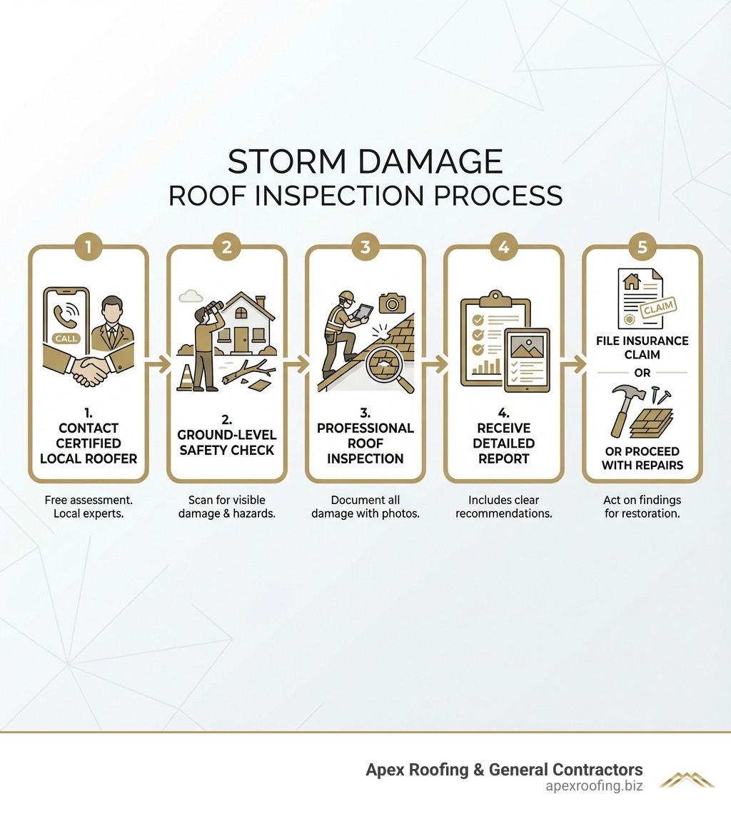Infographic showing the 5-step storm damage roof inspection process: 1) Contact a certified local roofer for free assessment, 2) Ground-level safety check for visible damage and hazards, 3) Professional roof inspection documenting all damage with photos, 4) Receive detailed report with recommendations, 5) File insurance claim or proceed with repairs - storm damage roof inspection infographic Infographic showing the 5-step storm damage roof inspection process: 1) Contact a certified local roofer for free assessment, 2) Ground-level safety check for visible damage and hazards, 3) Professional roof inspection documenting all damage with photos, 4) Receive detailed report with recommendations, 5) File insurance claim or proceed with repairs - storm damage roof inspection infographic