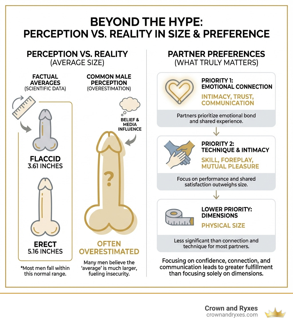Infographic comparing average penis size statistics (flaccid: 3.61 inches, erect: 5.16 inches) versus common male perceptions and partner preferences, showing that most men overestimate average size while partners prioritize emotional connection and technique over dimensions - male enhancement options infographic Infographic comparing average penis size statistics (flaccid: 3.61 inches, erect: 5.16 inches) versus common male perceptions and partner preferences, showing that most men overestimate average size while partners prioritize emotional connection and technique over dimensions - male enhancement options infographic