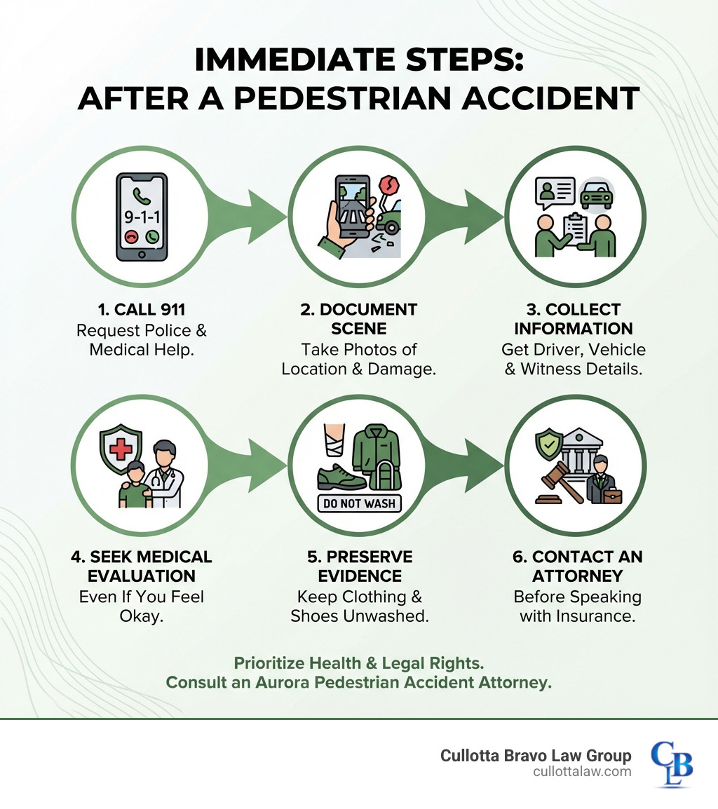 infographic showing immediate steps after pedestrian accident including calling 911, documenting scene with photos, collecting driver and witness information, seeking medical evaluation, preserving evidence like clothing and shoes, and contacting an experienced pedestrian accident attorney before speaking with insurance companies - aurora pedestrian accident lawyer infographic 