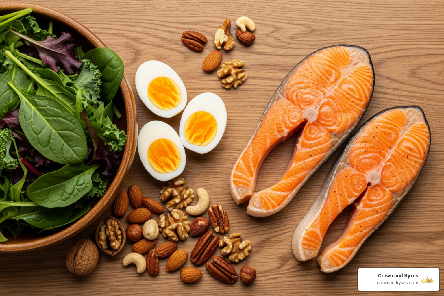 various vitamin-rich foods like salmon, eggs, leafy greens, and nuts - grey hair vitamin deficiency