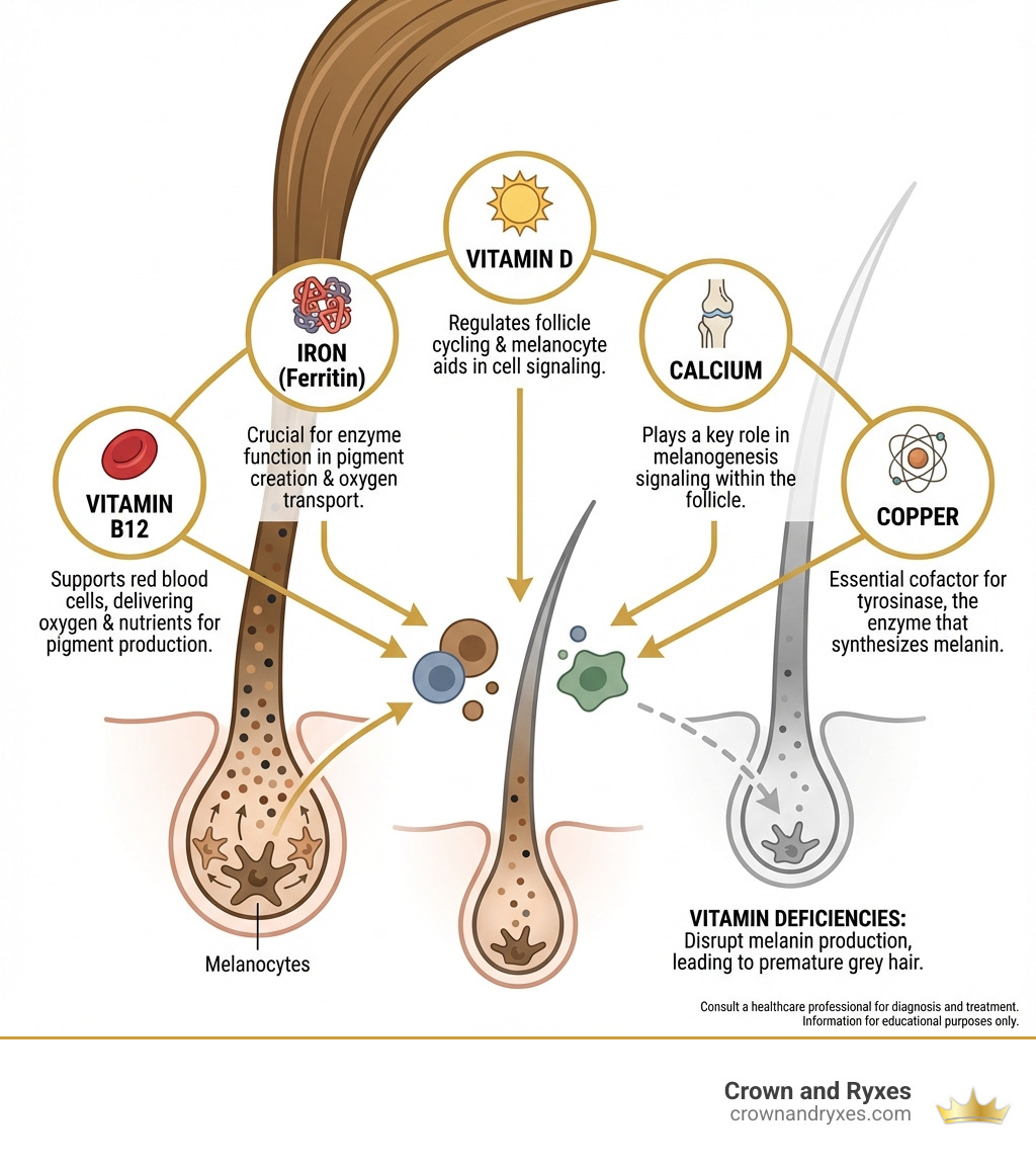 infographic showing hair follicle structure, melanocytes, and how vitamin deficiencies affect melanin production, listing B12, iron, vitamin D, calcium and copper with their roles - grey hair vitamin deficiency infographic 