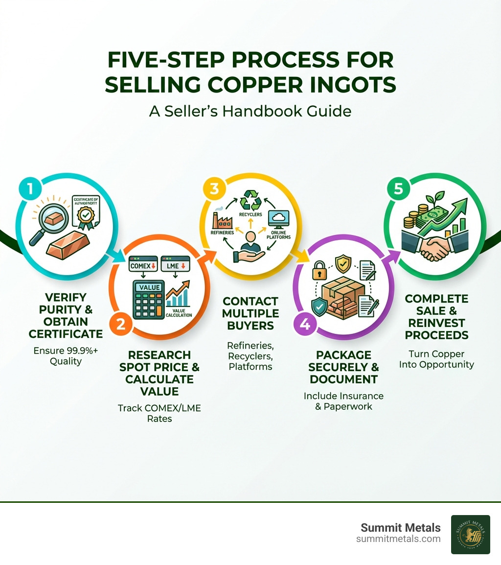 Five-step process for selling copper ingots: 1. Verify purity and obtain Certificate of Authenticity, 2. Research spot price on COMEX/LME and calculate expected value, 3. Contact multiple buyers (refineries, recyclers, online platforms), 4. Package securely with insurance and documentation, 5. Complete sale and reinvest proceeds - selling copper ingots infographic Five-step process for selling copper ingots: 1. Verify purity and obtain Certificate of Authenticity, 2. Research spot price on COMEX/LME and calculate expected value, 3. Contact multiple buyers (refineries, recyclers, online platforms), 4. Package securely with insurance and documentation, 5. Complete sale and reinvest proceeds - selling copper ingots infographic