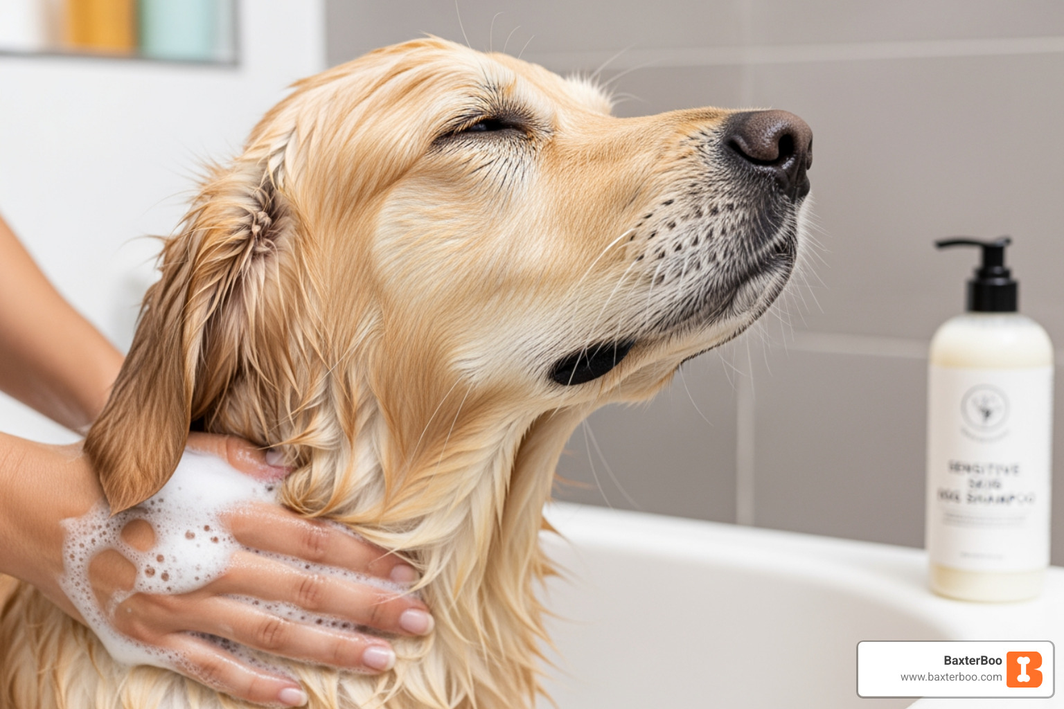 A person's hands holding a dog shampoo bottle, with their thumb hovering over the ingredient list, suggesting careful label reading. - Sensitive skin dog shampoo
