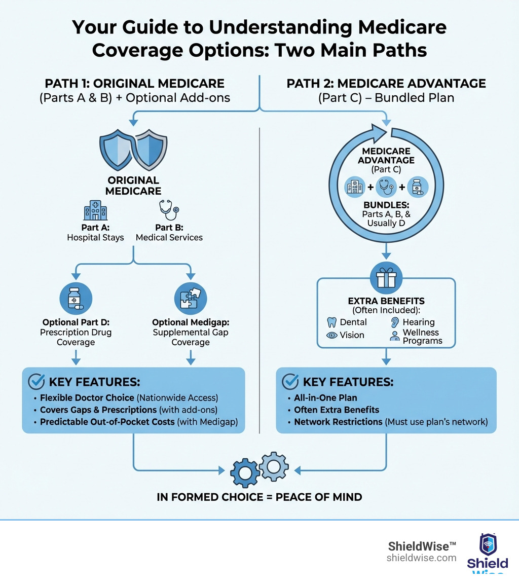 Infographic showing two main Medicare paths: Path 1 - Original Medicare (Parts A & B) plus optional Part D and Medigap for flexible doctor choice and gap coverage; Path 2 - Medicare Advantage (Part C) bundling Parts A, B, and usually D into one plan with network restrictions but often extra benefits like dental and vision - guide to understanding medicare coverage options infographic 