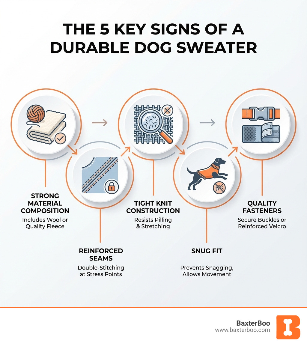 infographic showing the five key signs of a durable dog sweater: strong material composition including wool or quality fleece, reinforced seams with double-stitching at stress points, tight knit construction that resists pilling and stretching, snug fit that prevents snagging while allowing movement, and quality fasteners like secure buckles or reinforced velcro - Durable dog sweater infographic infographic showing the five key signs of a durable dog sweater: strong material composition including wool or quality fleece, reinforced seams with double-stitching at stress points, tight knit construction that resists pilling and stretching, snug fit that prevents snagging while allowing movement, and quality fasteners like secure buckles or reinforced velcro - Durable dog sweater infographic