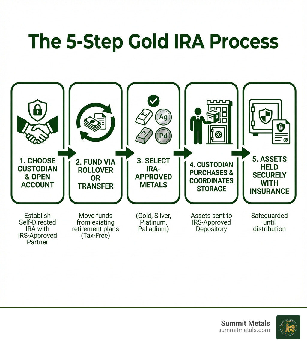 Infographic showing the Gold IRA process: 1. Choose a custodian and open account, 2. Fund via rollover or transfer (tax-free), 3. Select IRA-approved metals (gold, silver, platinum, palladium), 4. Custodian purchases and coordinates storage at IRS-approved depository, 5. Assets held securely with insurance until distribution - Gold IRA custodian infographic 