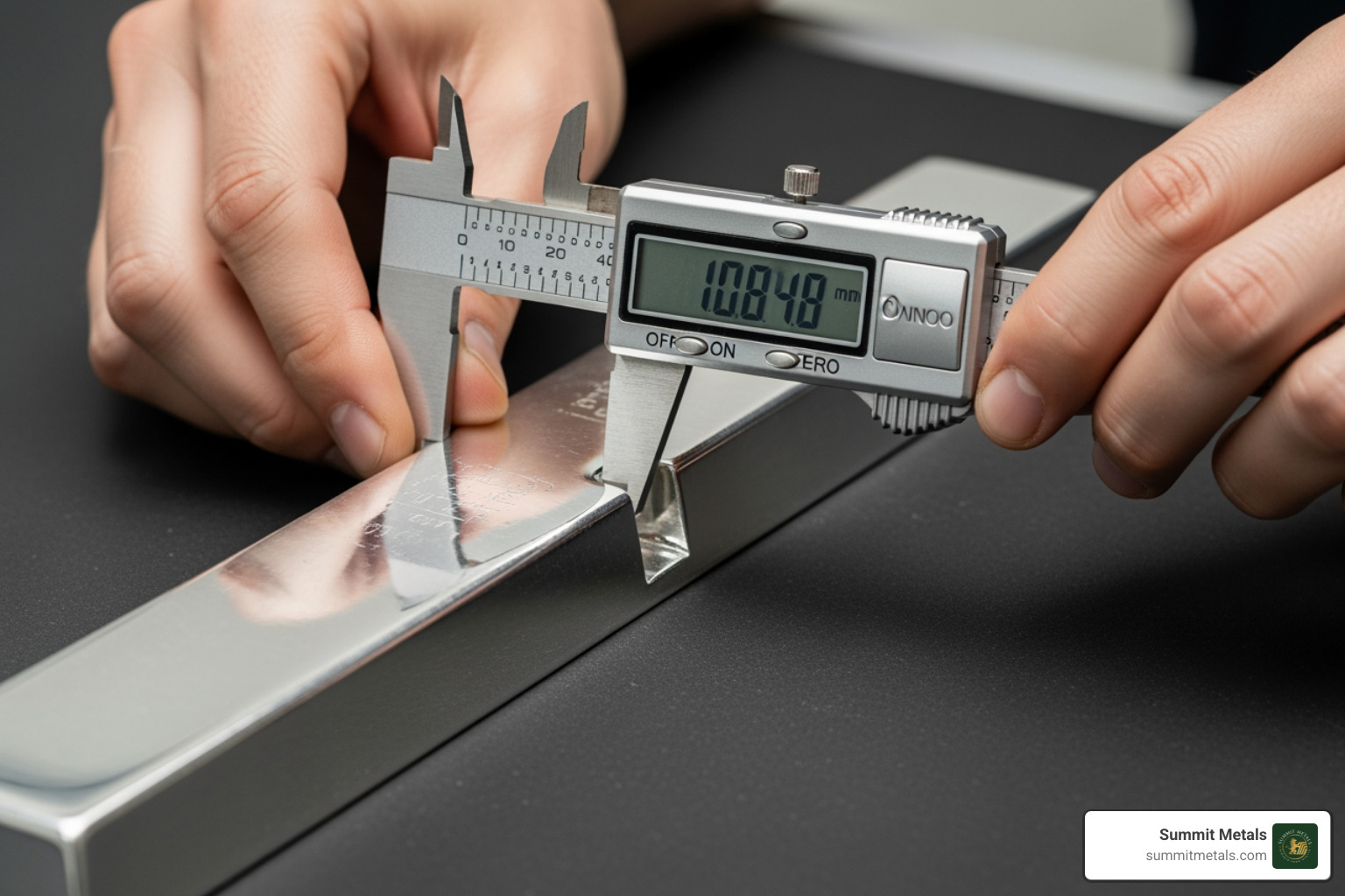 Person using a caliper to measure a silver bar for authenticity - investing in silver bars