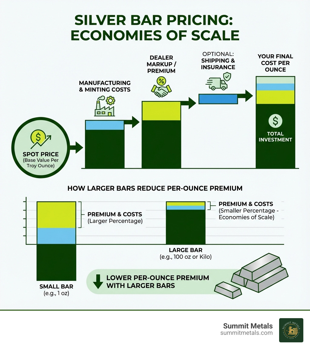 Infographic showing how silver bar pricing works: Starting with the silver spot price (base value per troy ounce), adding manufacturing and minting costs, then dealer markup/premium, and optional shipping and insurance, resulting in your final cost per ounce. The chart shows how larger bars reduce the per-ounce premium through economies of scale. - investing in silver bars infographic 