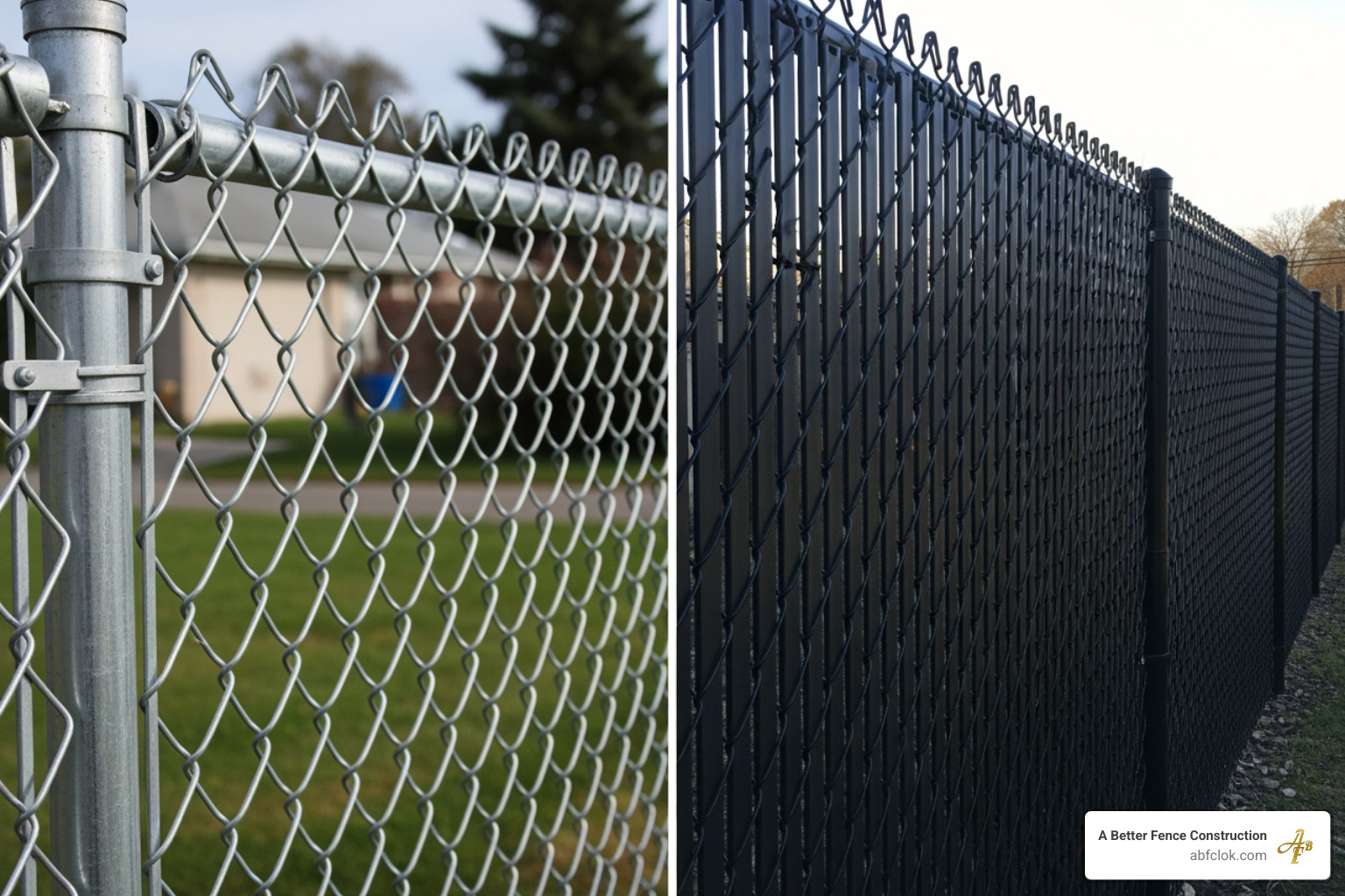 A side-by-side comparison of a classic galvanized chain link fence and a modern black vinyl-coated chain link fence - chain link fence company okc A side-by-side comparison of a classic galvanized chain link fence and a modern black vinyl-coated chain link fence - chain link fence company okc
