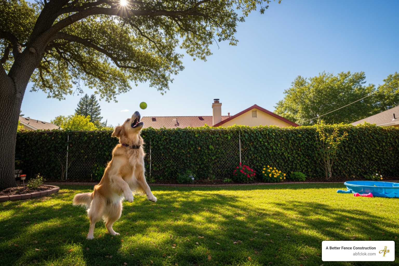 A chain link fence enclosing a large residential yard with a dog playing - chain link fence company okc A chain link fence enclosing a large residential yard with a dog playing - chain link fence company okc