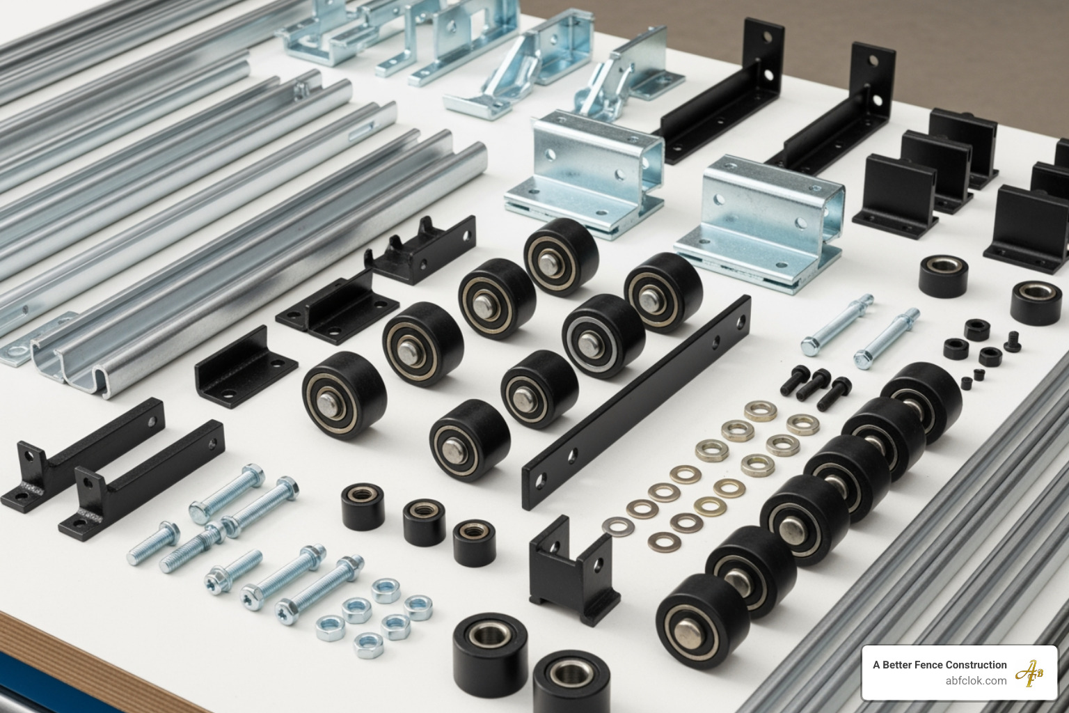Components of a rolling gate hardware kit - 20 foot chain link rolling gate Components of a rolling gate hardware kit - 20 foot chain link rolling gate