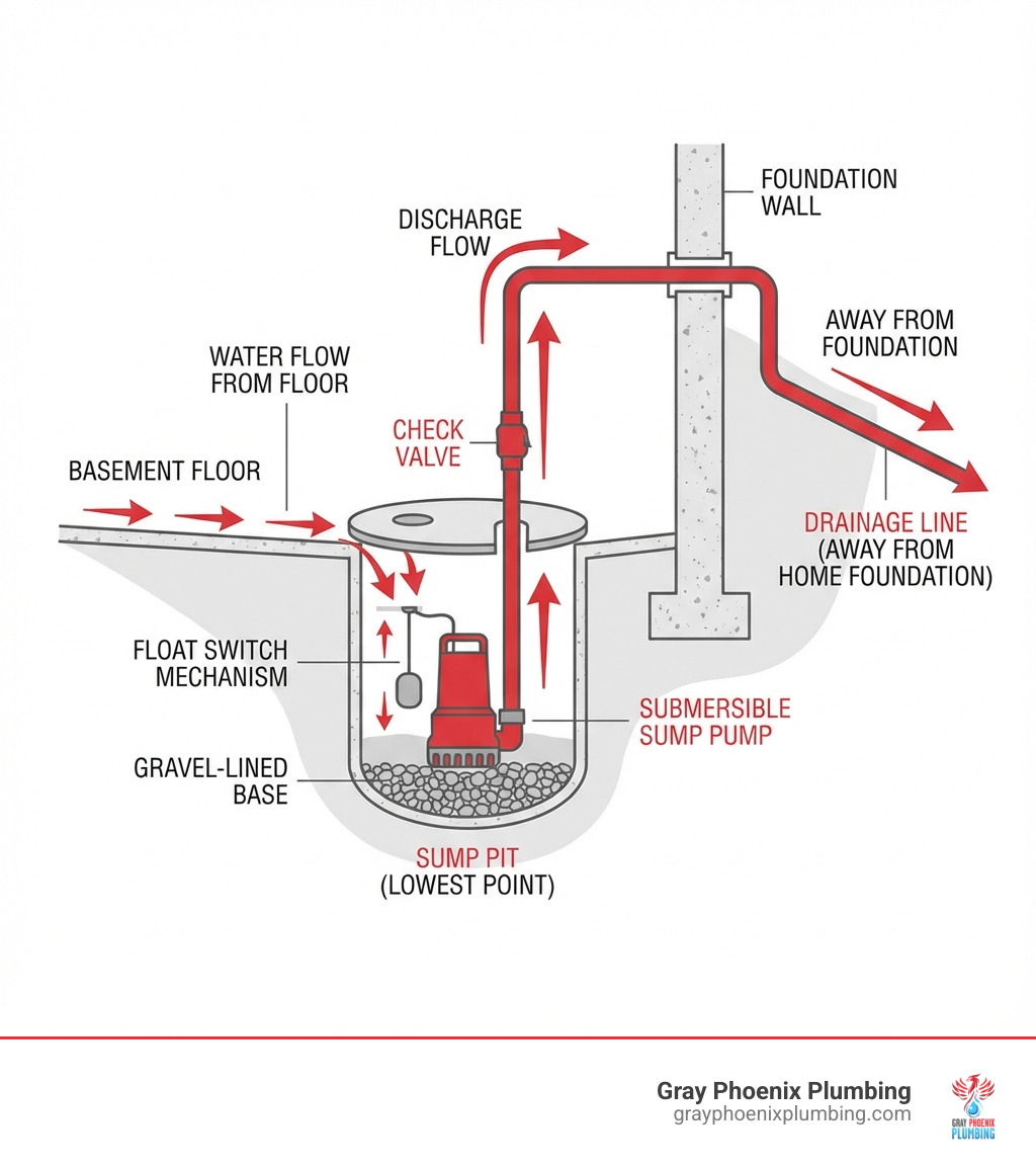 Detailed infographic showing the complete sump pump system including the sump pit at the lowest basement point, pump placement inside a gravel-lined pit, float switch mechanism, check valve on discharge pipe, drainage line running through foundation wall, and arrows indicating water flow from basement floor into pit and out away from home foundation - Sump pump installation Littleton infographic Detailed infographic showing the complete sump pump system including the sump pit at the lowest basement point, pump placement inside a gravel-lined pit, float switch mechanism, check valve on discharge pipe, drainage line running through foundation wall, and arrows indicating water flow from basement floor into pit and out away from home foundation - Sump pump installation Littleton infographic
