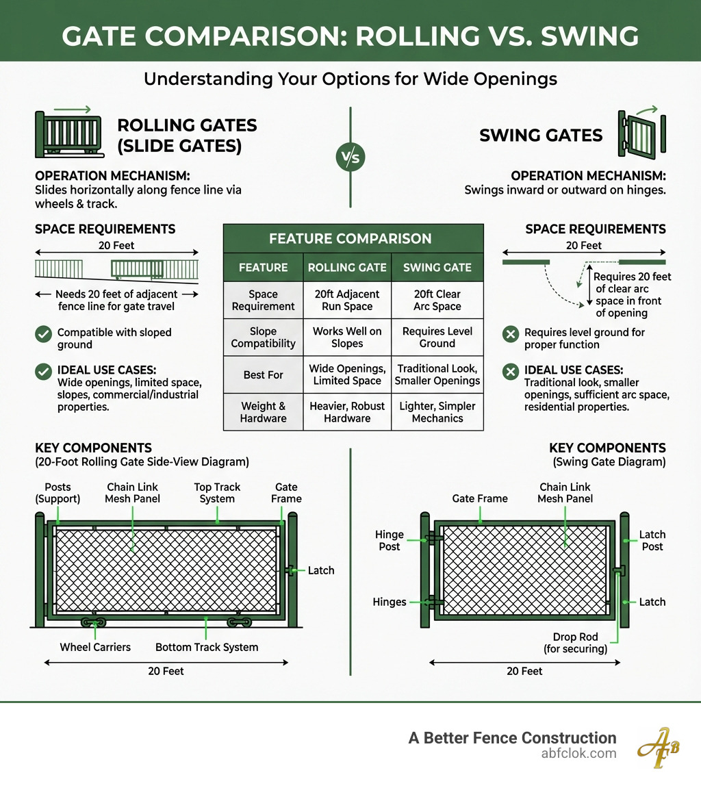 Infographic comparing rolling gates versus swing gates, showing space requirements, operation mechanism, ideal use cases, and key components including a side-view diagram of a 20-foot rolling gate with labeled parts like wheel carriers, track system, posts, and chain link mesh panel - 20 foot chain link rolling gate infographic Infographic comparing rolling gates versus swing gates, showing space requirements, operation mechanism, ideal use cases, and key components including a side-view diagram of a 20-foot rolling gate with labeled parts like wheel carriers, track system, posts, and chain link mesh panel - 20 foot chain link rolling gate infographic
