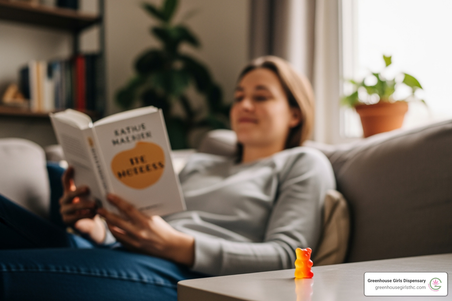 person relaxing peacefully on a couch with a book and a gummy - best legal edibles
