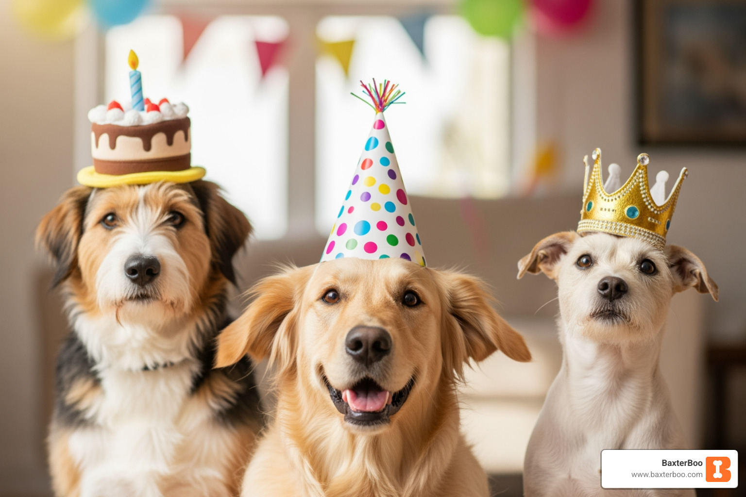 three dogs wearing a cone hat, a crown, and a cake-shaped hat - birthday hats for dogs three dogs wearing a cone hat, a crown, and a cake-shaped hat - birthday hats for dogs