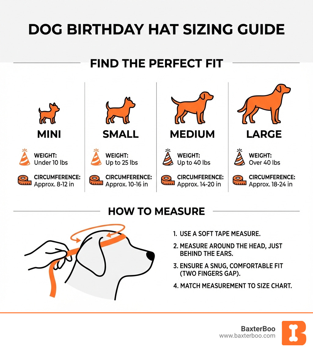 infographic showing dog birthday hat sizing guide with measurements for Mini, Small, Medium, and Large sizes, including weight ranges and head circumference measurement instructions with a visual diagram of how to measure around a dog's head behind the ears - birthday hats for dogs infographic infographic showing dog birthday hat sizing guide with measurements for Mini, Small, Medium, and Large sizes, including weight ranges and head circumference measurement instructions with a visual diagram of how to measure around a dog's head behind the ears - birthday hats for dogs infographic