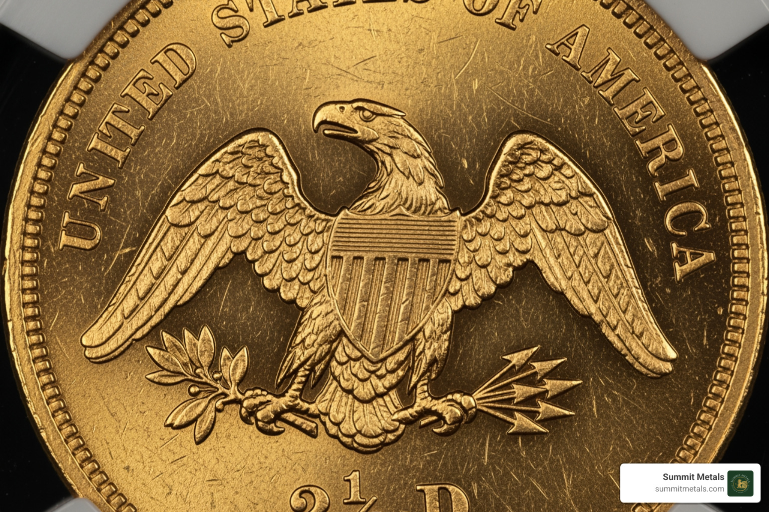 Reverse of the 1836 Quarter Eagle showing a heraldic eagle without the motto "E PLURIBUS UNUM" - 1836 quarter eagle