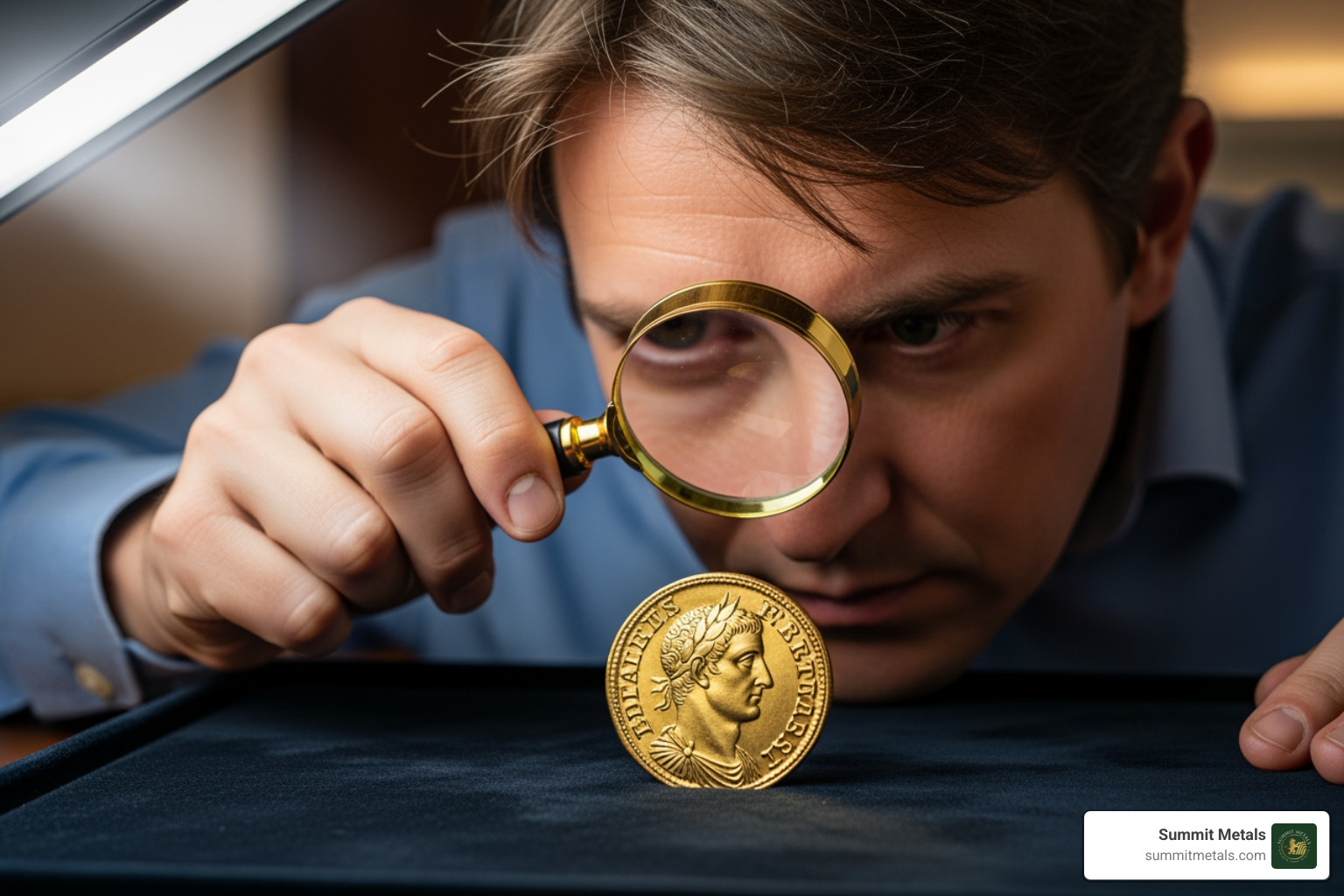 person examining a gold coin with a magnifying glass - how to buy and sell gold and silver