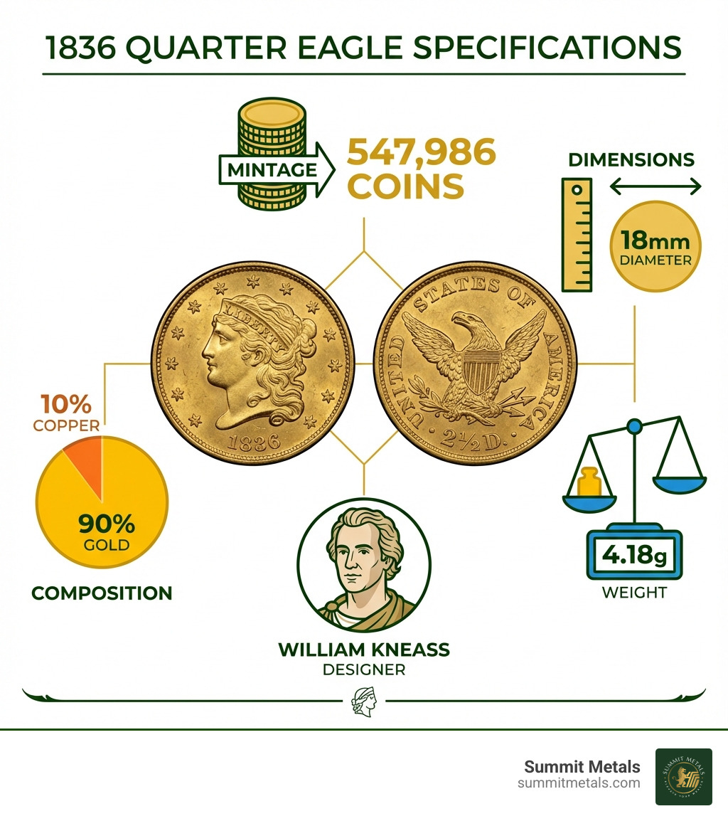 Infographic showing the 1836 Quarter Eagle specifications with visual representations of mintage (547,986 coins), composition breakdown (90% gold, 10% copper pie chart), physical dimensions (18mm diameter and 4.18g weight), designer portrait of William Kneass, and images of both obverse and reverse designs - 1836 quarter eagle infographic 