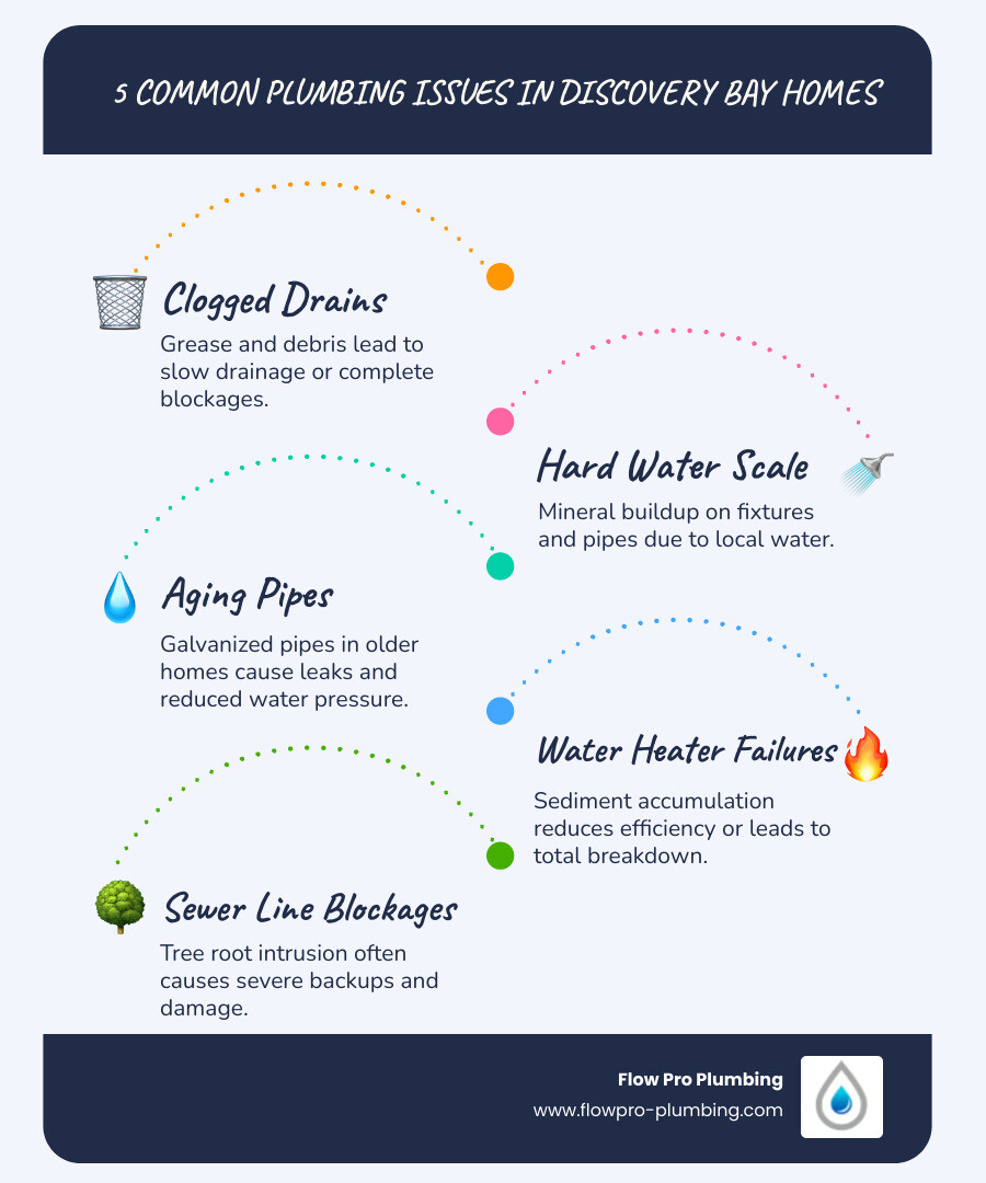 Infographic showing the 5 most common household plumbing issues in Discovery Bay: clogged drains from grease and debris, hard water scale buildup on fixtures and pipes, aging galvanized pipes causing leaks, water heater failures from sediment accumulation, and sewer line blockages from tree root intrusion - plumber discovery bay ca infographic infographic-line-5-steps-blues-accent_colors Infographic showing the 5 most common household plumbing issues in Discovery Bay: clogged drains from grease and debris, hard water scale buildup on fixtures and pipes, aging galvanized pipes causing leaks, water heater failures from sediment accumulation, and sewer line blockages from tree root intrusion - plumber discovery bay ca infographic infographic-line-5-steps-blues-accent_colors