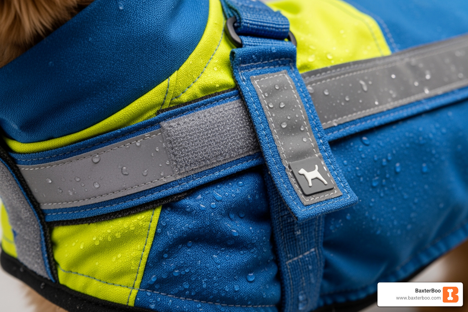 close-up on a dog coat showing reflective trim and a harness port - waterproof dog coats close-up on a dog coat showing reflective trim and a harness port - waterproof dog coats